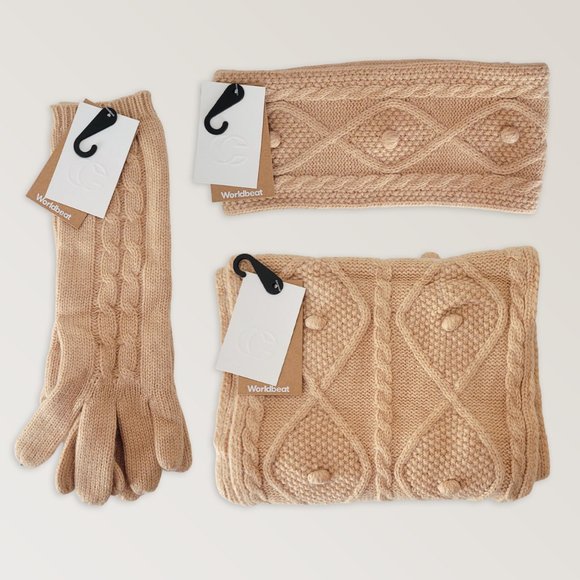 Wool Winter Scarf Gloves & Ear Warmer, Cable Knit Warm Matching Set - Picture 1 of 6